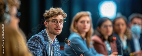 Introvert speaking on a panel discussion, contributing to public discourse photo