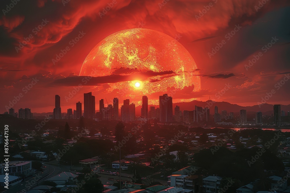 Fototapeta premium Cityscape with a Giant Red Moon