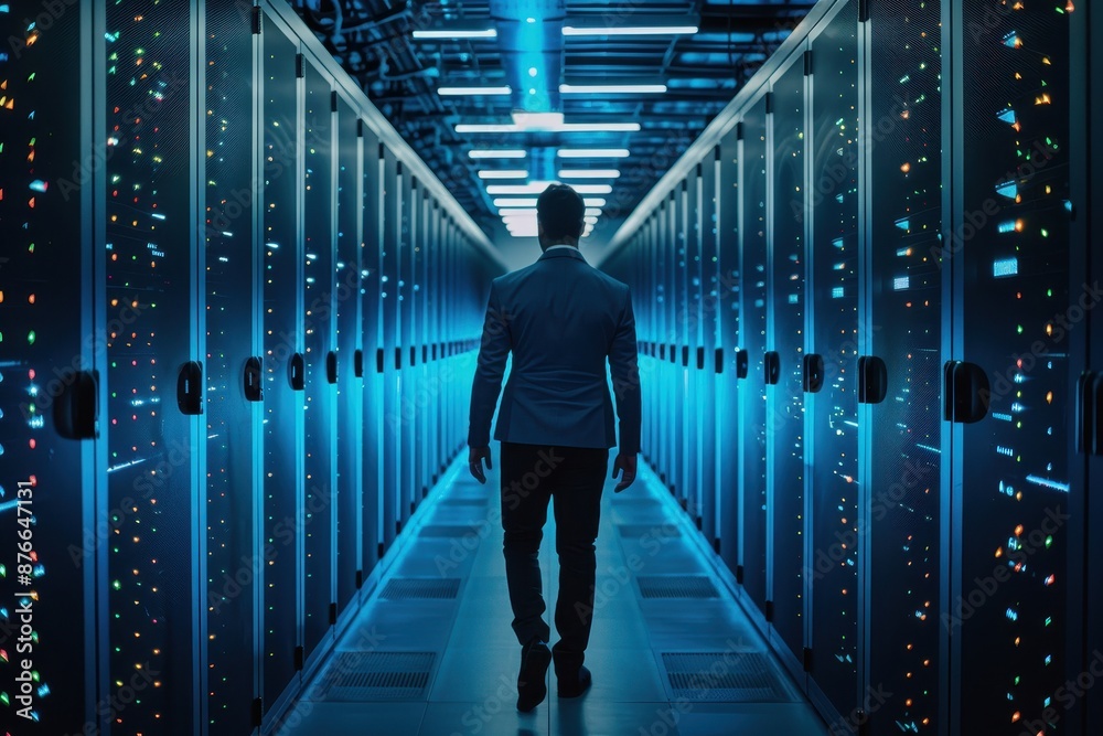 Man walking through a server room. Man walking through a server room.