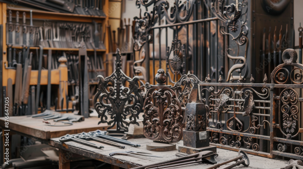 A range of finished iron products displayed prominently, such as decorative gates, railings, tools, kitchen utensils, sculptures, and furniture. A range of finished iron products displayed prominently, such as decorative gates, railings, tools, kitchen utensils, sculptures, and furniture.