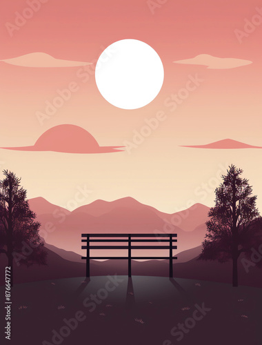  A simple vector illustration of an empty park bench under the setting sun, with mountains in soft pink and orange hues © Kitty