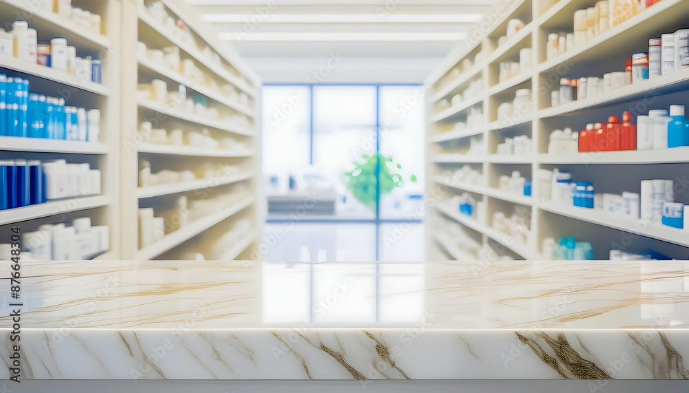 Fototapeta premium Close-up of empty marble white pharmacy background counter with checkout equipment.Pharmacy counter with point-of-sale system in clean, modern setting.
