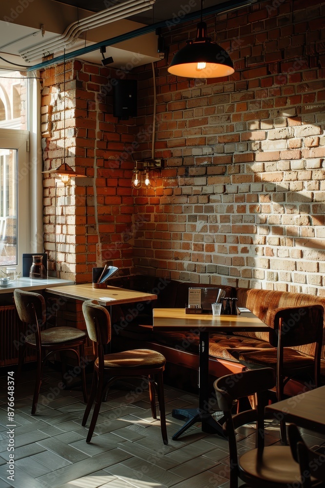 Cozy Cafe Ambiance: Brick Wall Background in Warm Setting Cozy Cafe Ambiance: Brick Wall Background in Warm Setting