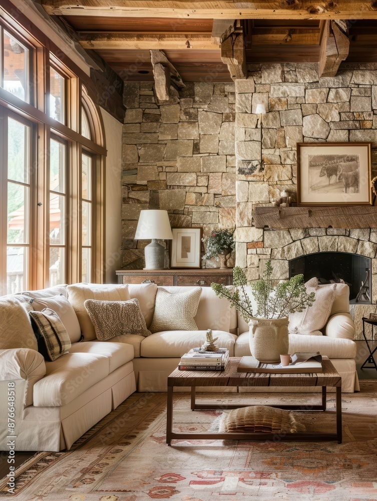 Cozy Living Room with Stone Wall Background, Ideal for Relaxing with Family and Friends Cozy Living Room with Stone Wall Background, Ideal for Relaxing with Family and Friends