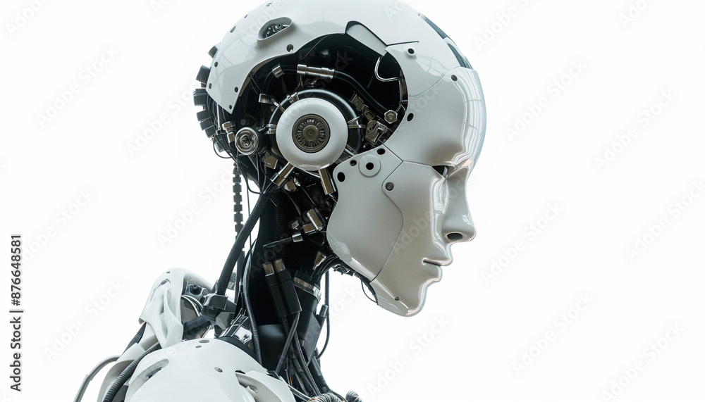 Side view of white humanoid robot with exposed circuits advanced technology artificial intelligence cybernetic innovation