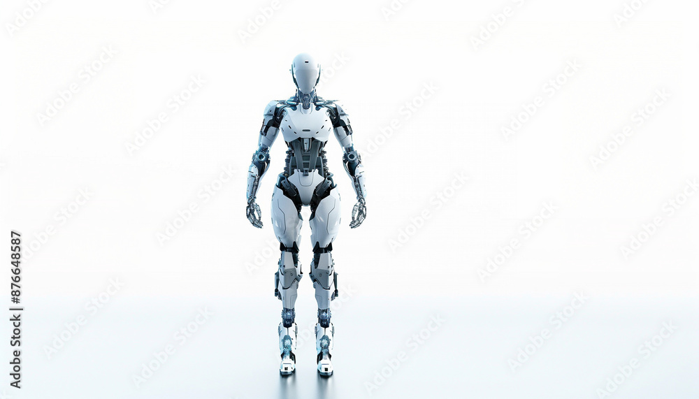 Full-body view of white futuristic robot with sleek design advanced technology artificial intelligence cybernetic innovation Full-body view of white futuristic robot with sleek design advanced technology artificial intelligence cybernetic innovation
