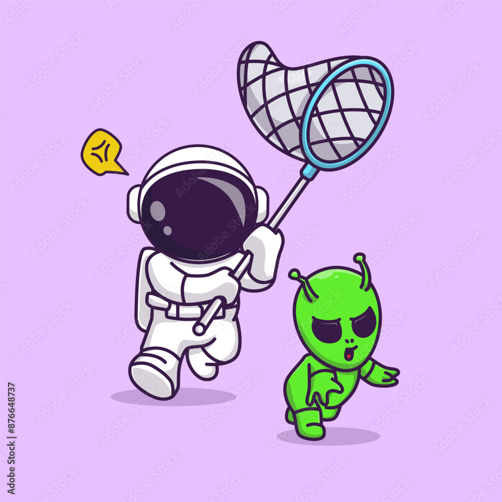 Obraz premium Cute Astronaut Catching Alien With Fishing Net Cartoon Vector Icon Illustration Science Technology Icon Concept IsolatedPremium Vector. Flat Cartoon Style