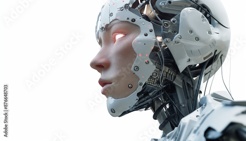 Side view of futuristic robot with glowing eyes artificial intelligence technology innovation advanced cybernetic design