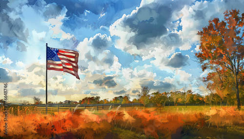 American flag waving in field with autumn trees clouds sky patriotism freedom national pride nature scenery