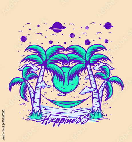 happiness beach illustration vintage t shirt design, streetwear design, poster design, totebag design