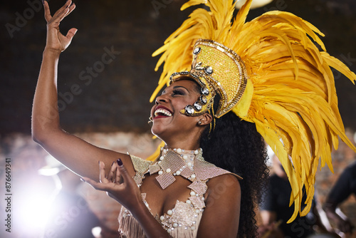Принти на полотні Woman, costume and carnival as samba dancer with music, parade and energy for celebration