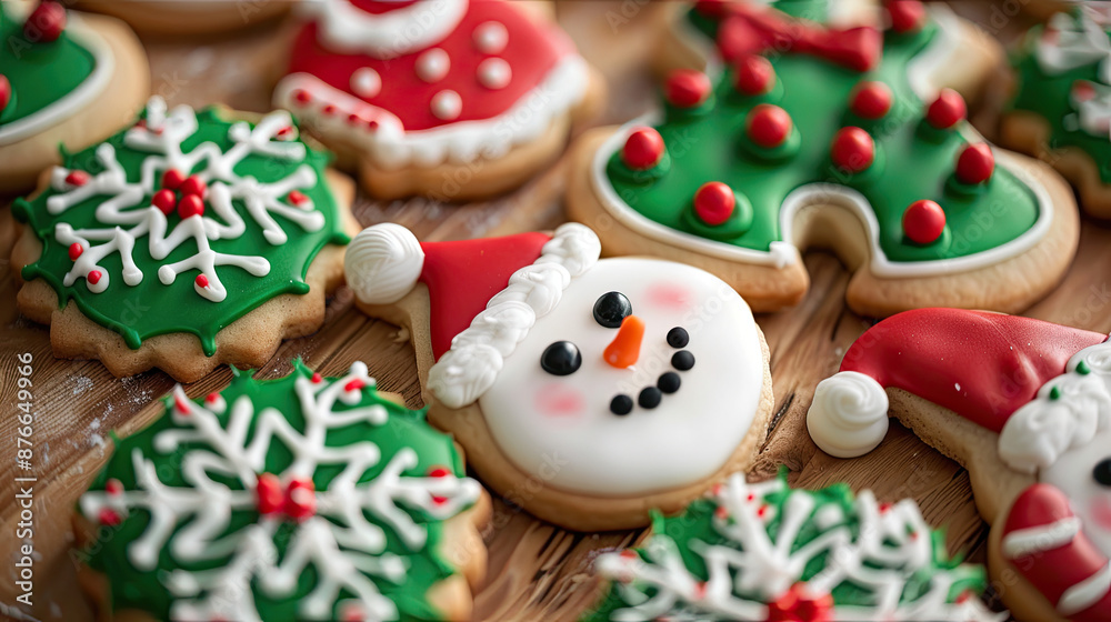 Closeup of Christmas cookies with red, white, and green icing decorations Closeup of Christmas cookies with red, white, and green icing decorations