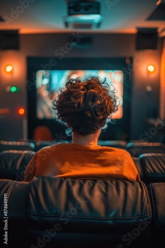 Person with curly hair watching a movie in a cozy home theater with ambient lighting, seen from behind. © Samon