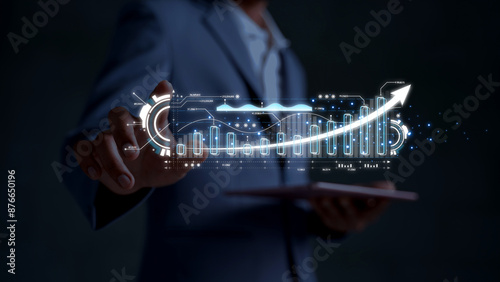 An arrow for a growth strategy is drawn for a business analysis report graph Business Development, Financial Plans, and Strategies There are three strategies for business growth.