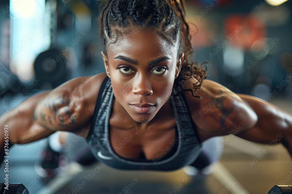 Female athletes practice push ups in the gym Female athletes practice push ups in the gym