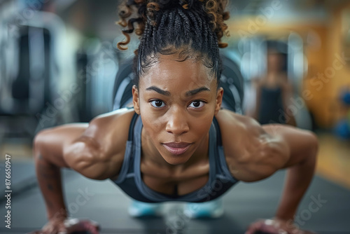 Female athletes practice push ups in the gym © fanjianhua