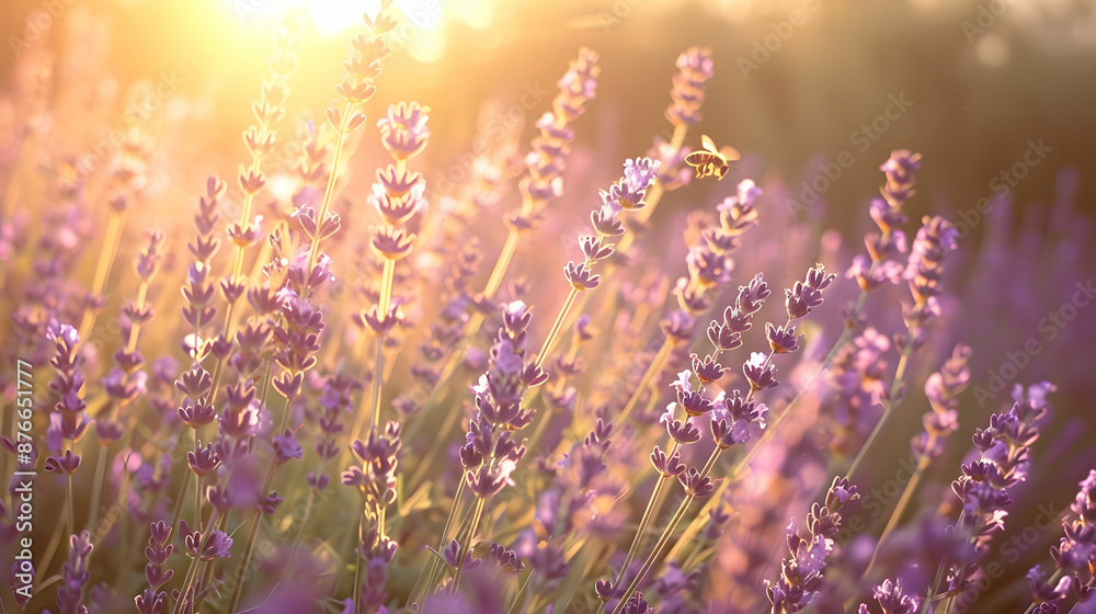 Soft golden hour sunlight illuminating lavender fields in full bloom, with bees buzzing among fragrant purple blooms Soft golden hour sunlight illuminating lavender fields in full bloom, with bees buzzing among fragrant purple blooms