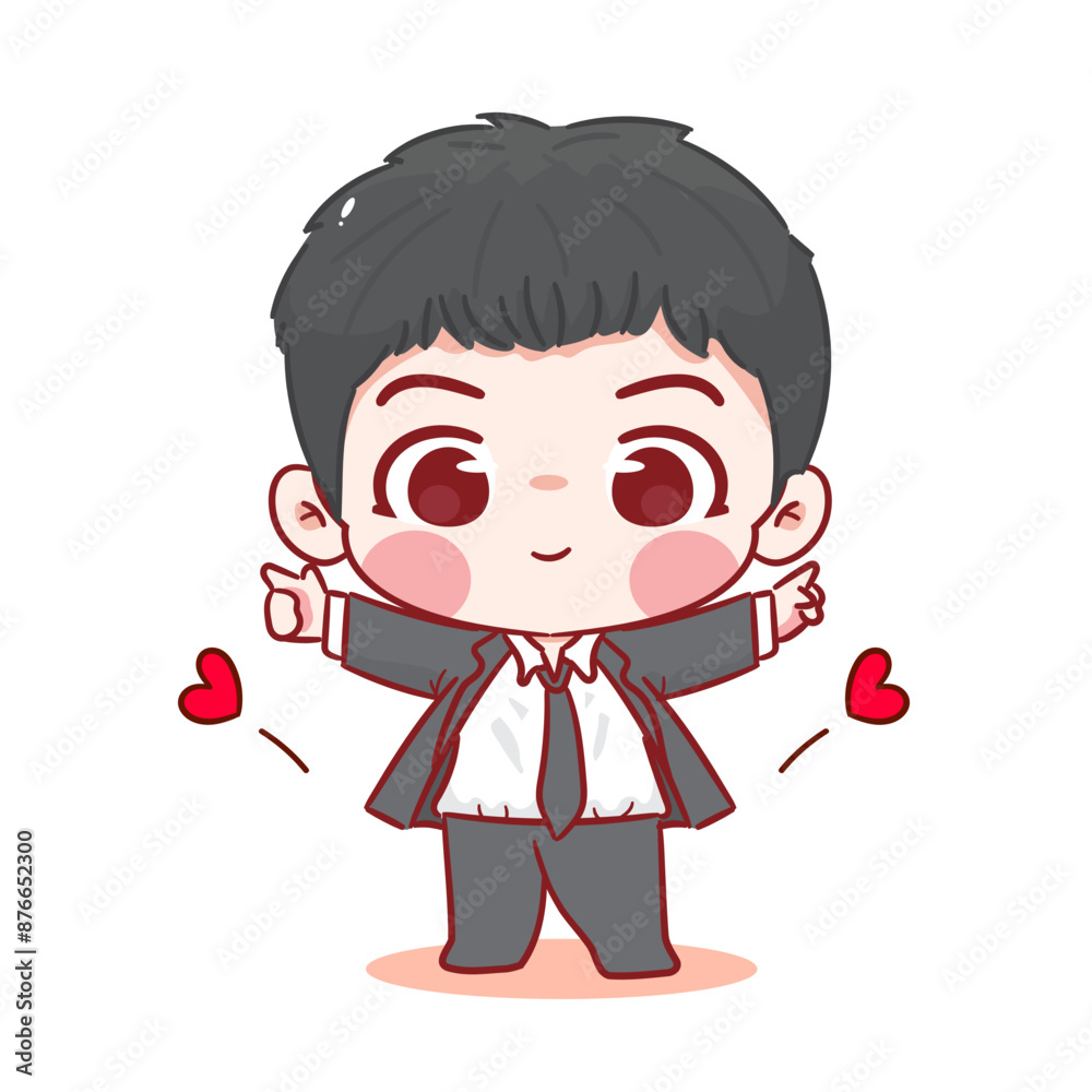 Cute boy wearing formal suit cartoon character. Korean style fashion. People expression concept design. Chibi vector illustration. Isolated white background Cute boy wearing formal suit cartoon character. Korean style fashion. People expression concept design. Chibi vector illustration. Isolated white background