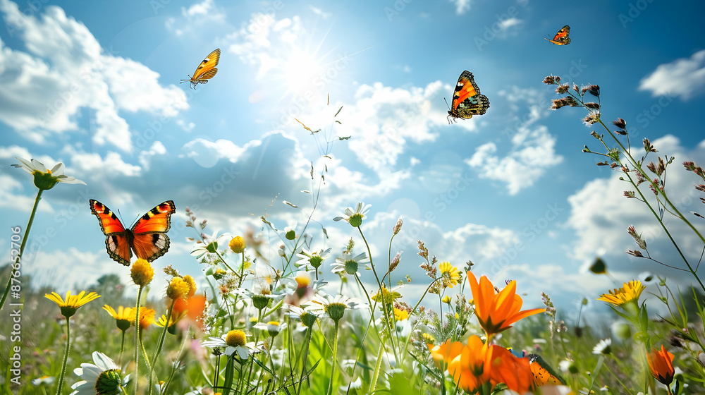 Sunny meadow with colorful butterflies fluttering around wildflowers, under a clear blue sky with fluffy white clouds
