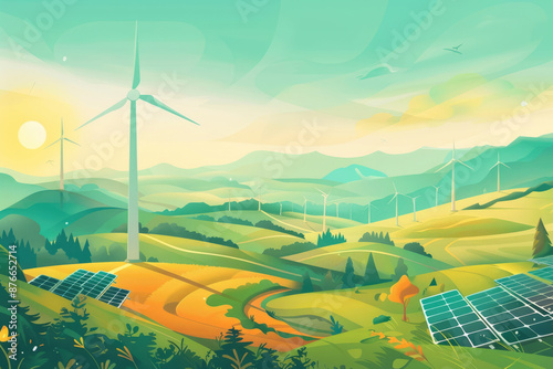 Wind turbines and solar panels on the grassland, illustration