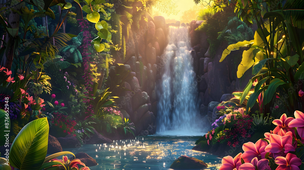 Fototapeta premium Sunset-lit waterfall in a tropical rainforest, with vibrant orchids and lush ferns framing the scene, creating a serene paradise