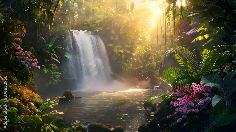 Sunset-lit waterfall in a tropical rainforest, with vibrant orchids and lush ferns framing the scene, creating a serene paradise