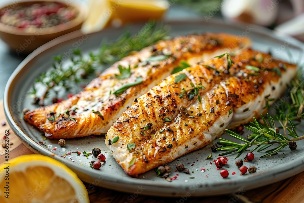 Grilled Salmon Fillets with Fresh Herbs and Lemon Slices on Plate