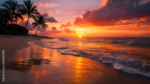Sunset over a tropical beach, with palm trees silhouetted against a fiery sky and waves gently lapping the shore