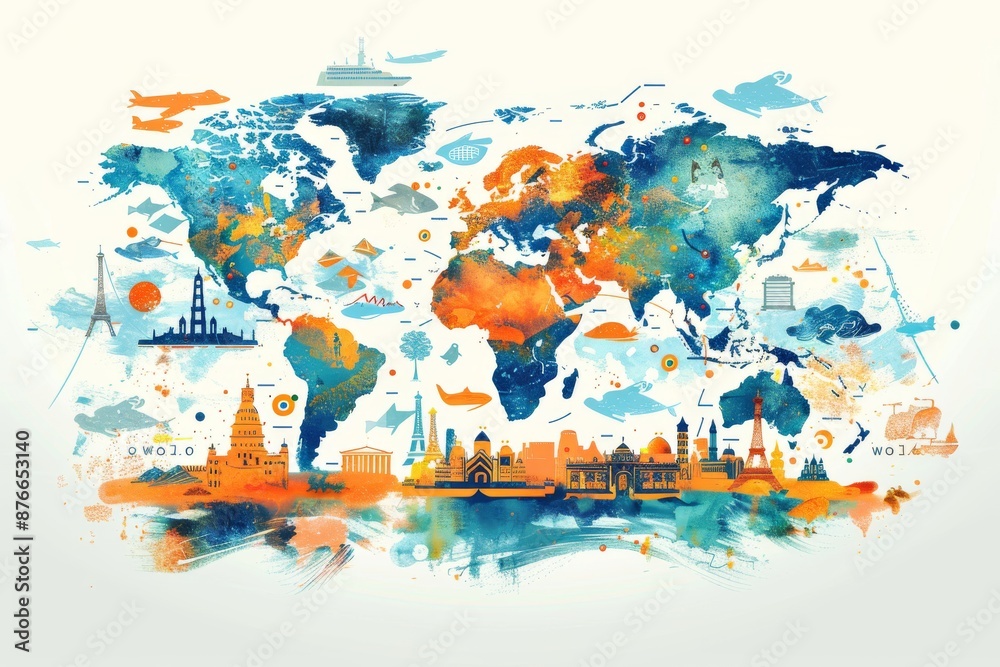 Watercolor World Map with Iconic Landmarks Stock Illustration | Adobe Stock