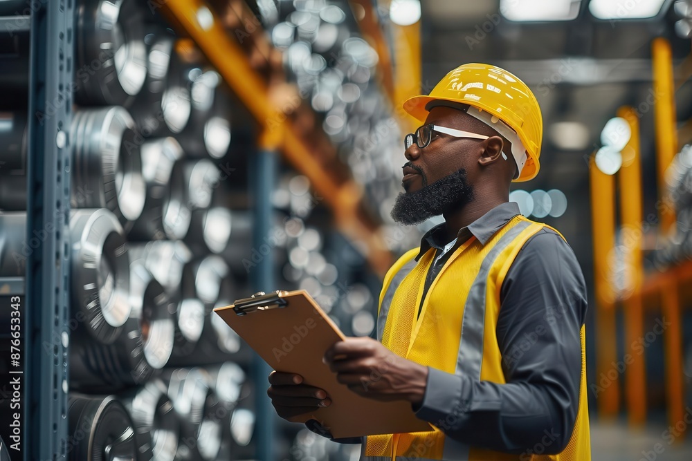 Warehouse worker wearing safety gear inspects inventory with a clipboard, surrounded by industrial shelves filled with metal rolls. Warehouse worker wearing safety gear inspects inventory with a clipboard, surrounded by industrial shelves filled with metal rolls.