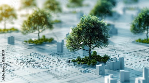 Visionary blueprint with tree silhouettes, blueprint  growth, natureinspired urban planning