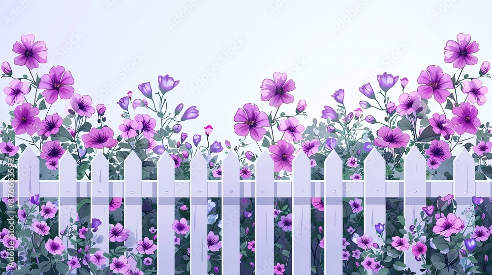 A white picket fence with lush purple flowers blooming vibrantly against a clear sky, showcasing a serene garden scene A white picket fence with lush purple flowers blooming vibrantly against a clear sky, showcasing a serene garden scene