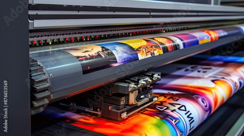 Close-up of a high-quality printer in action, producing vibrant, colorful prints with precise detail, ideal for professional printing services and graphic design projects photo