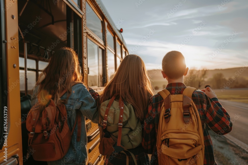 Three Children Getting Off School Bus at Sunset Three Children Getting Off School Bus at Sunset