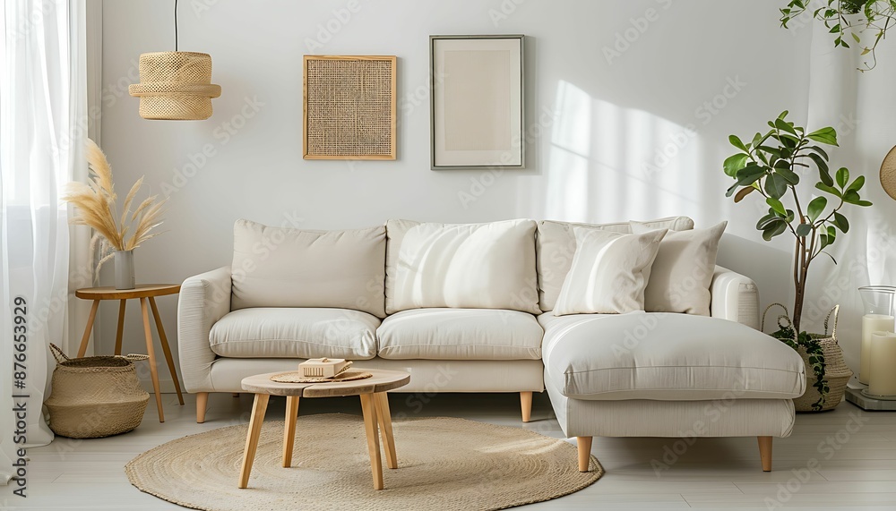 Obraz premium wide angle view of Stylish studio apartment interior with comfortable beige sofa