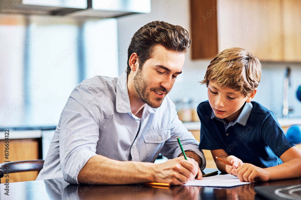 Dad, helping and son with homework, home and writing in kitchen, calculation and math in morning on table. House, learning and education for child, growth and development with knowledge and father Dad, helping and son with homework, home and writing in kitchen, calculation and math in morning on table. House, learning and education for child, growth and development with knowledge and father