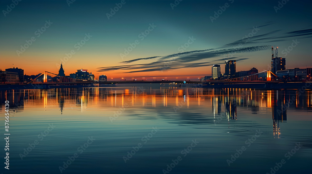 Urban skyline reflected in calm river waters under a twilight sky, with a modern suspension bridge illuminated by city lights Urban skyline reflected in calm river waters under a twilight sky, with a modern suspension bridge illuminated by city lights