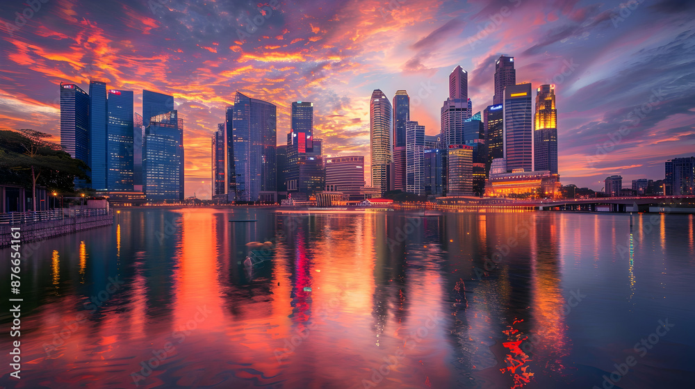 Urban skyline with skyscrapers reflecting a vibrant sunset over a river Urban skyline with skyscrapers reflecting a vibrant sunset over a river