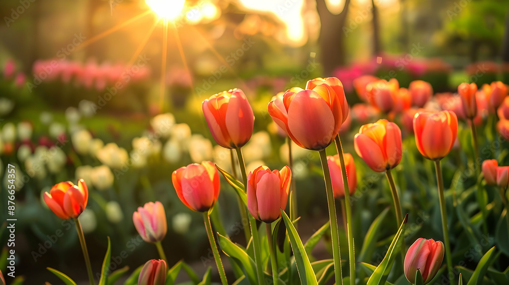 Obraz premium Vibrant tulips in a botanical garden, their petals aglow under the golden hues of a setting sun
