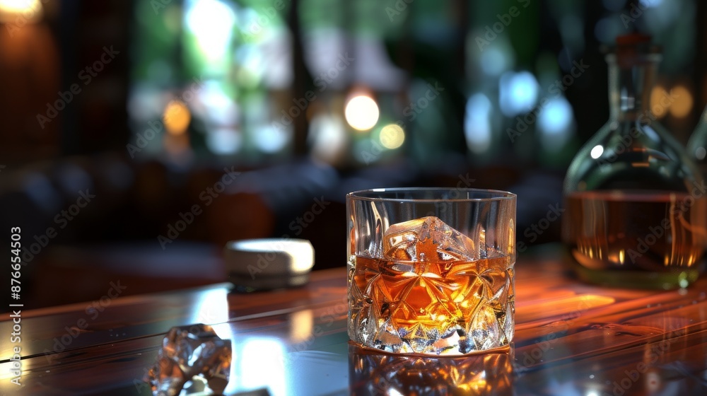 A glass of whiskey sits invitingly on the bar. The amber liquid glowed under the warm light. Perfect for friendly parties in bars or restaurants. Rich aroma and smooth taste A glass of whiskey sits invitingly on the bar. The amber liquid glowed under the warm light. Perfect for friendly parties in bars or restaurants. Rich aroma and smooth taste