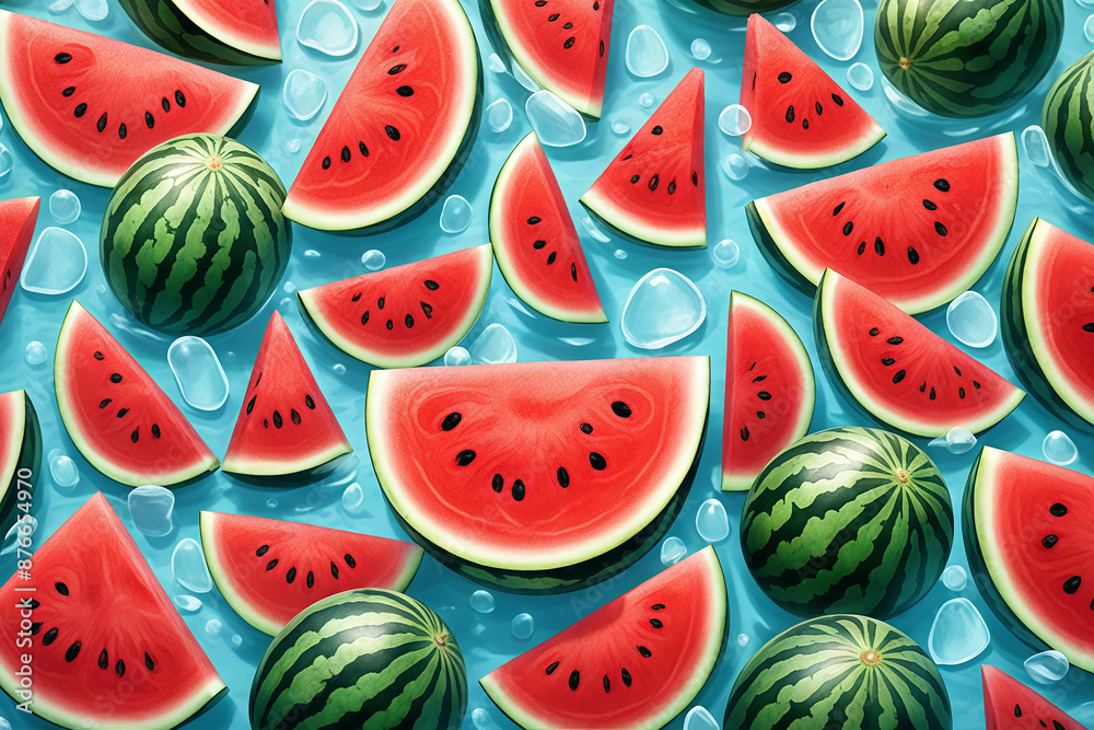 Lots of watermelons dipped in a mixture of ice water and hand-painted illustrations Lots of watermelons dipped in a mixture of ice water and hand-painted illustrations
