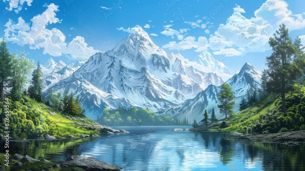 A stunning landscape featuring a majestic snow-capped mountain, serene lake, and lush greenery under a bright blue sky. A stunning landscape featuring a majestic snow-capped mountain, serene lake, and lush greenery under a bright blue sky.