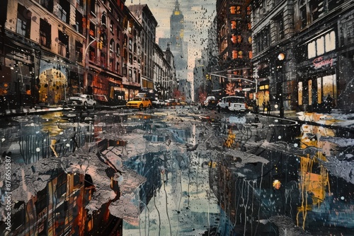 A vibrant abstract painting captures the essence of a bustling city street with reflective puddles and illuminated buildings at dusk.