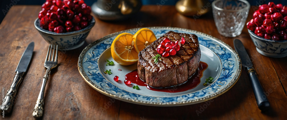 A luxurious steak meal in an elegant dining room Realistic operation-6 A luxurious steak meal in an elegant dining room Realistic operation-6