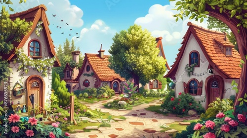 Charming village scene with whimsical cottages, lush gardens, and a bright, sunny sky. Perfect for fairytale or fantasy themes. © Jeannaa