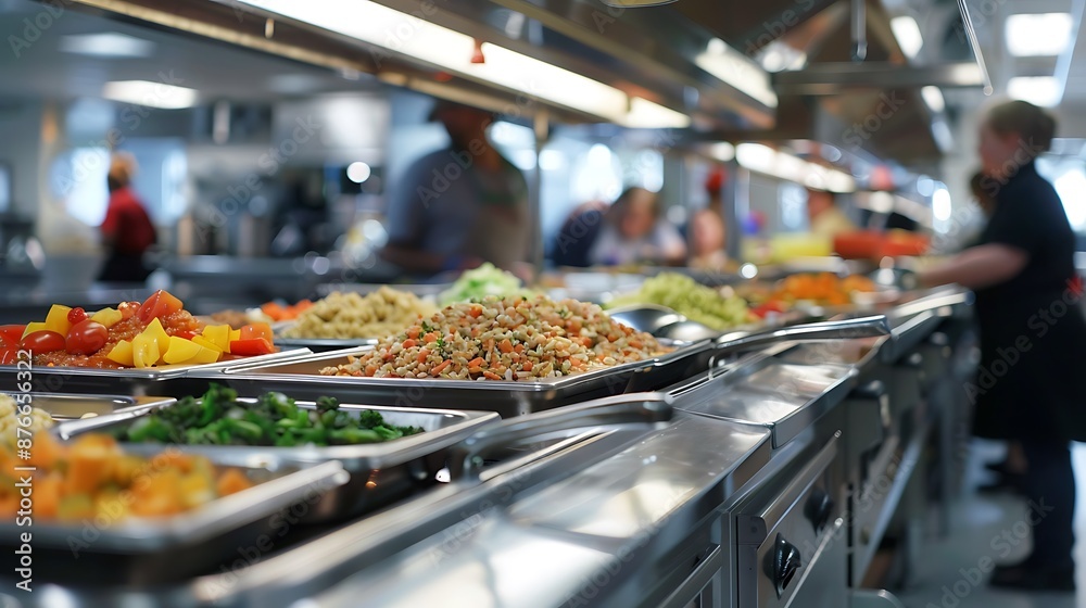 A cafeteria lunch line with trays and food options A cafeteria lunch line with trays and food options