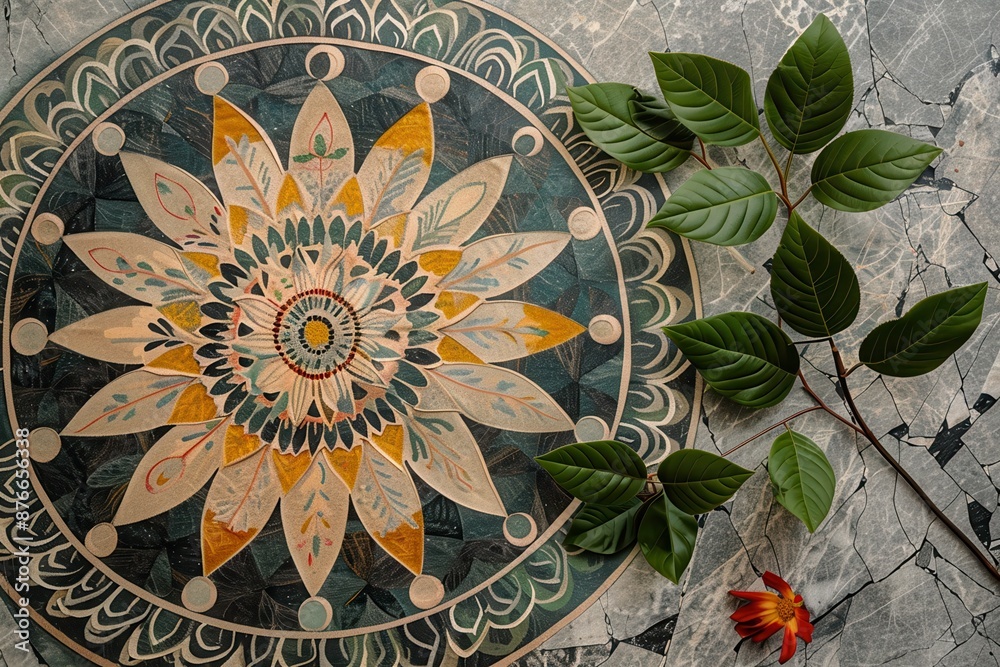 custom made wallpaper toronto digitalIntricate floral mandala design on a tiled surface with green leaves and a red flower, creating a harmonious and artistic composition.