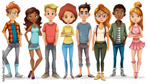 Group of animated young people standing together, smiling and dressed in casual outfits
