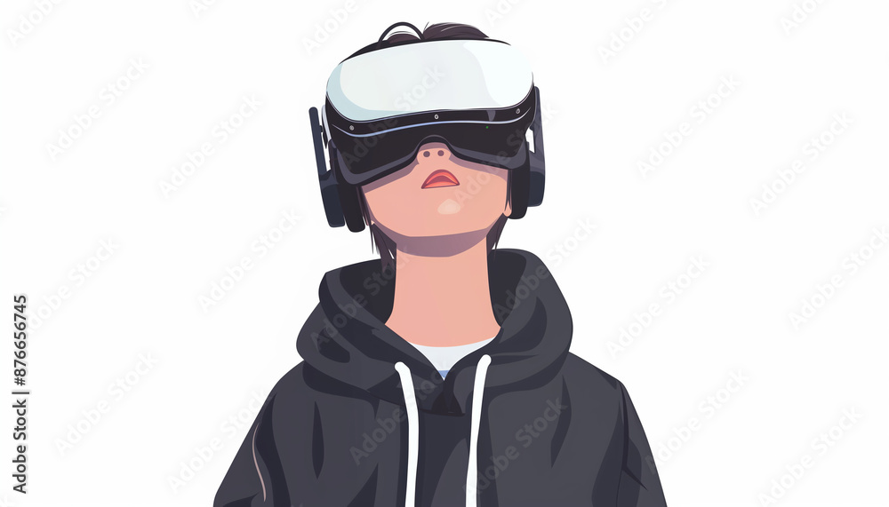 Animated person in a black hoodie with a VR headset, looking up and experiencing virtual reality Animated person in a black hoodie with a VR headset, looking up and experiencing virtual reality