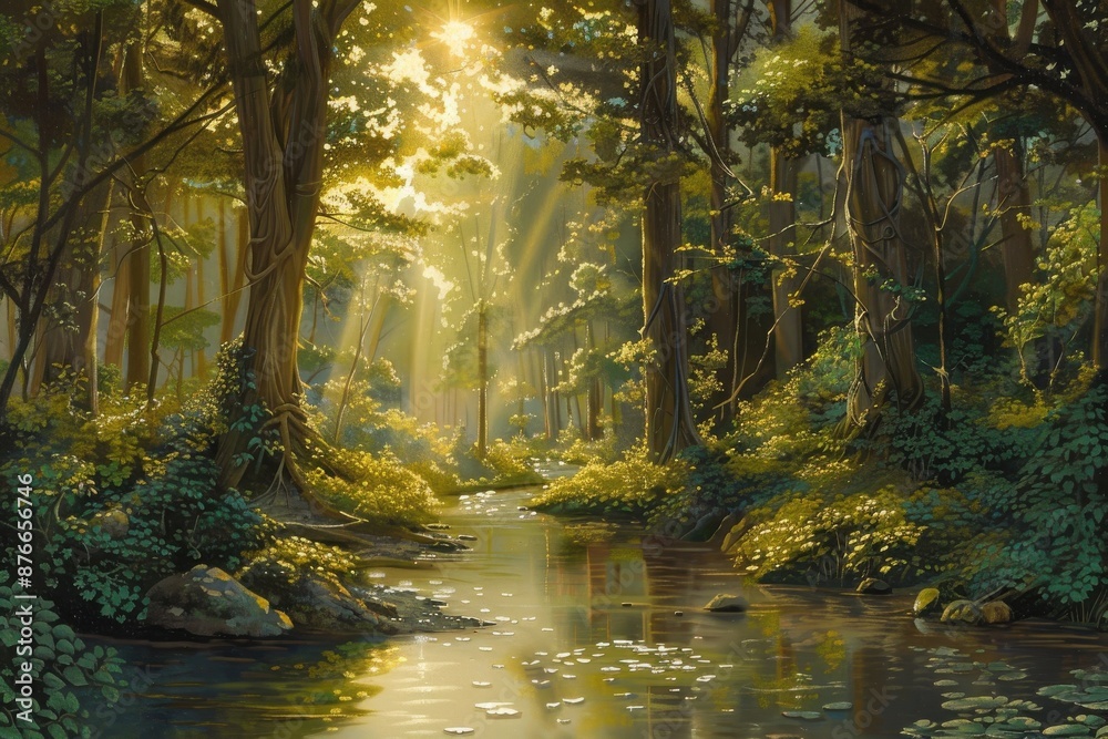 Obraz premium Serene forest stream basking in golden sunlight filtering through towering trees, creating a tranquil and picturesque natural scene.